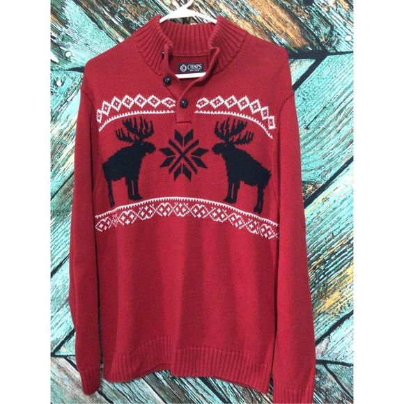 Chaps Moose Print 🫎 Sweater Red White Size Medium 3 Buttons Front ~ Beautiful S - Picture 11 of 12